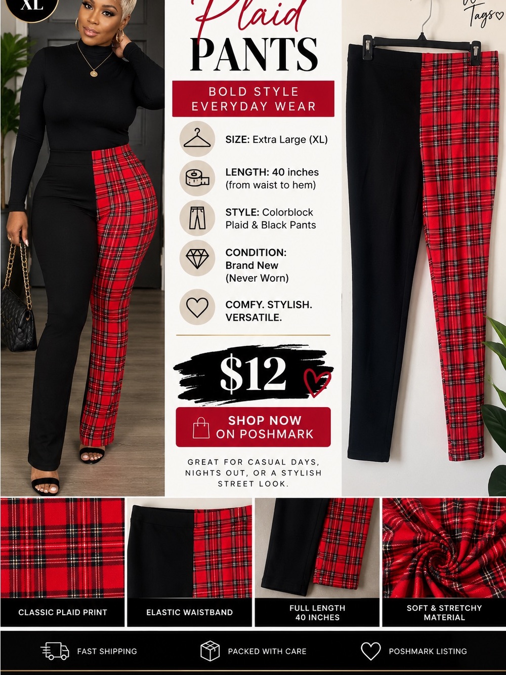 Colorblock Plaid & Black Pants - Red Plaid, Size XL